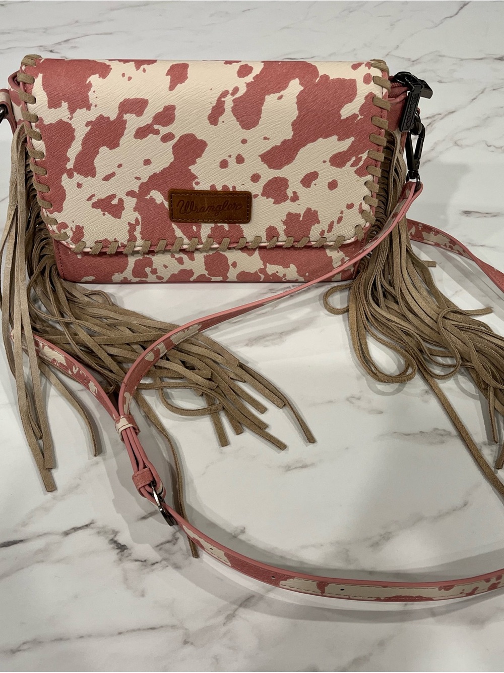 Wrangler Pink & Cream Cow Print Fringe Crossbody